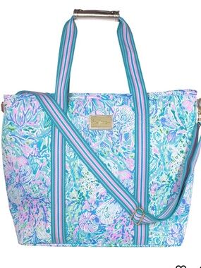 New Lilly Pulitzer Aqua Multi Floral Insulated Tote Cooler Bag with Strap